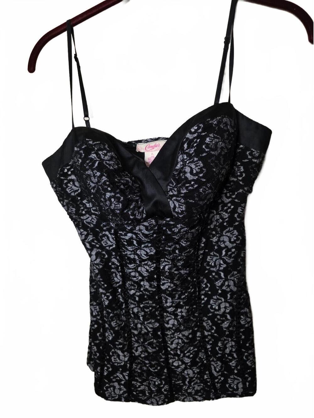 Vintage Y2K Candie's Black and Silver Lace Bustier Top Size Large